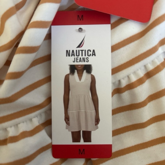 NWT Nautica Jeans Women's Tiered Dress, Almond/Ivory Stripe, Size Medium M - Picture 1 of 3